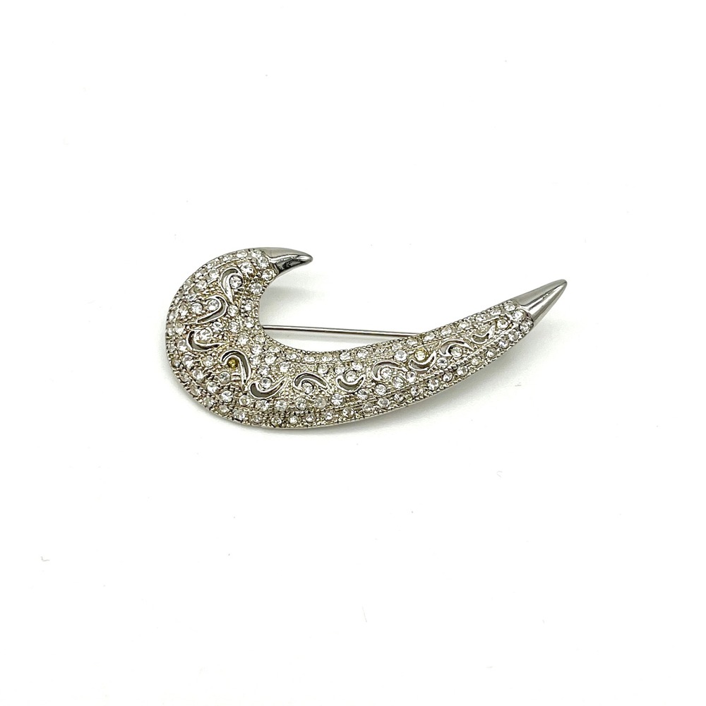 Rhinestone Brooch‎ Crescent Moon Pin Silver Tone Pave Jewelry